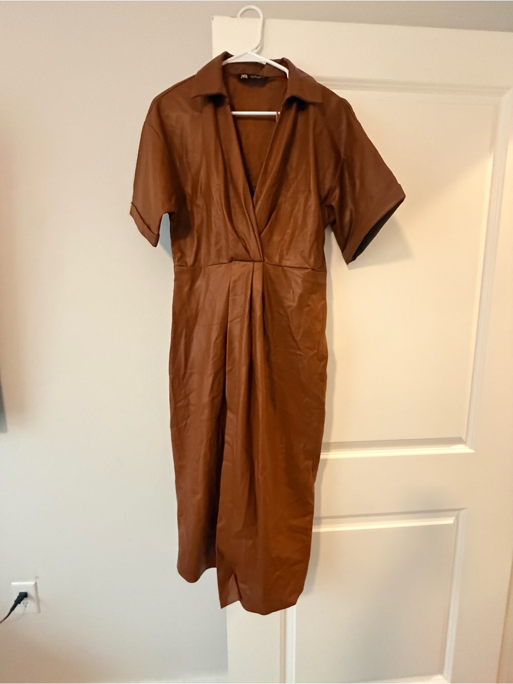 Zara Brown Faux Leather Midi Dress with Collared V-Neck